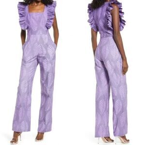 NWT Sika Tagoe Leaf Print Purple Ruffle Sleeve Cotton Jumpsuit Boho 10 Pockets